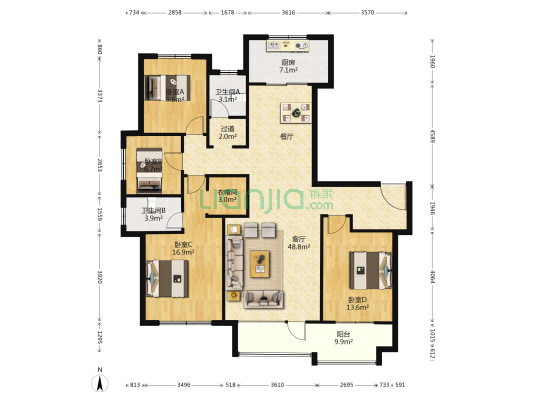 枫华丽园 4室1厅2卫 172平方