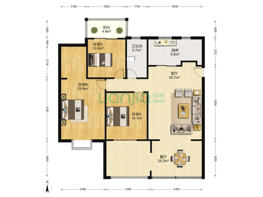一品尊府 3室2厅1卫 136平方