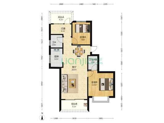 津西·美墅馆 2室1厅2卫 96平方