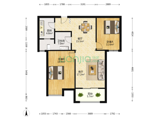 鹿苑5号公馆 2室2厅1卫 96平方