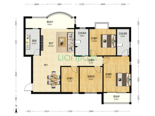 西城林语华郡苑 3室1厅2卫 146平方