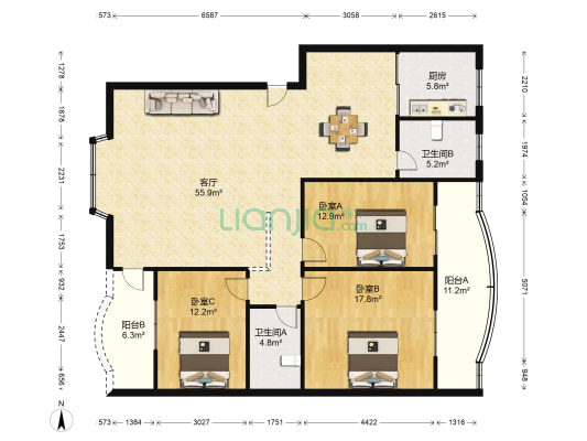 狮龙花苑 3室1厅2卫 150平方
