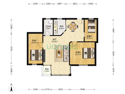 华海大厦 3室1厅1卫 91平方