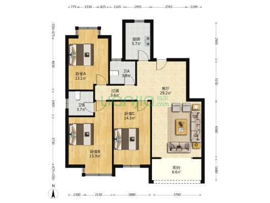 沙湖星城 3室1厅2卫 117平方