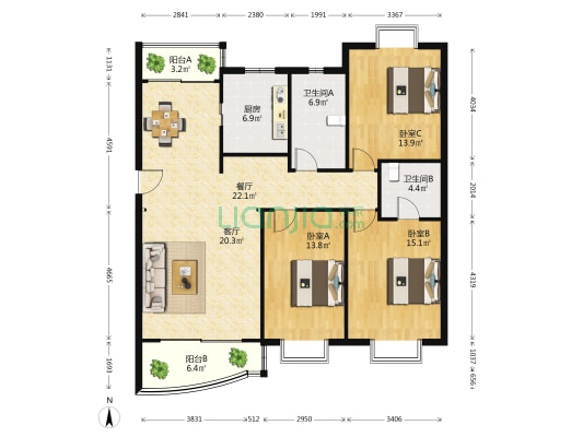 华能城市花园 3室2厅2卫 130平方