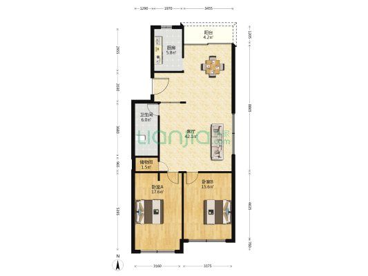 大道北街71-105号 2室1厅1卫 120平方