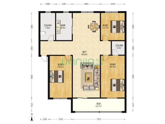 谷邢庄小区西区 3室1厅2卫 156平方