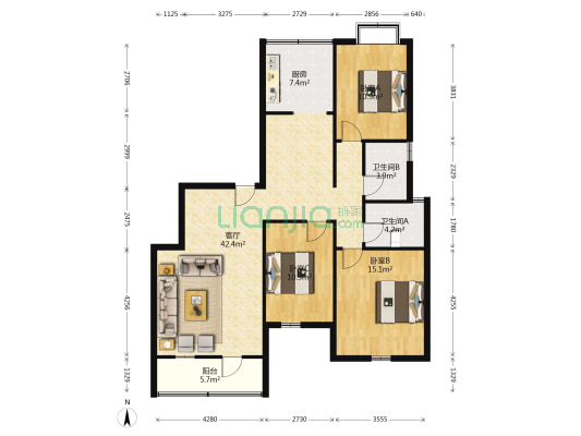 天湖府邸 3室1厅2卫 135平方