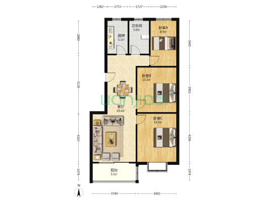 东盛花园 3室1厅1卫 102平方