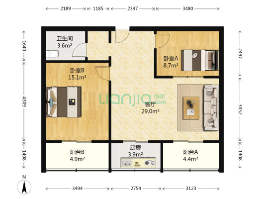 万华园住宅小区 2室1厅1卫 86平方