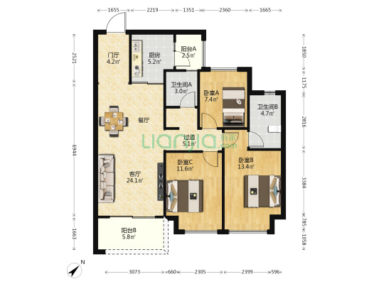 上悦天地云舒苑 3室1厅2卫 108平方