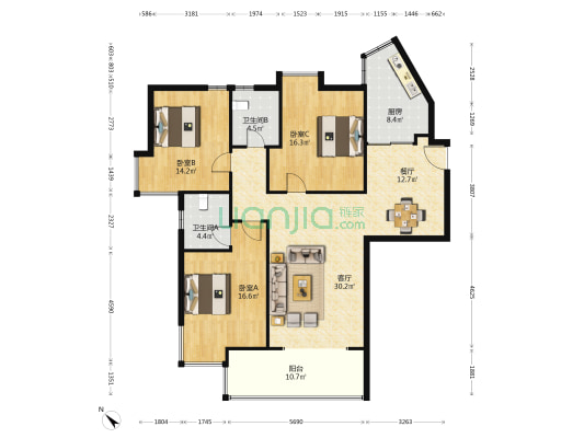 水岸茗苑 3室2厅2卫 144平方