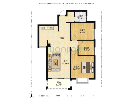 紫东尚苑 3室1厅1卫 86平方