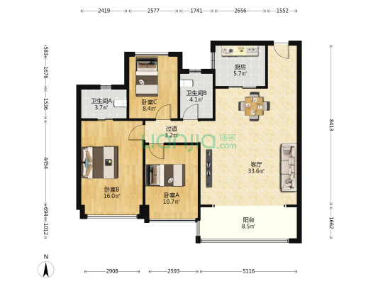 中海汇德里 3室1厅2卫 118平方