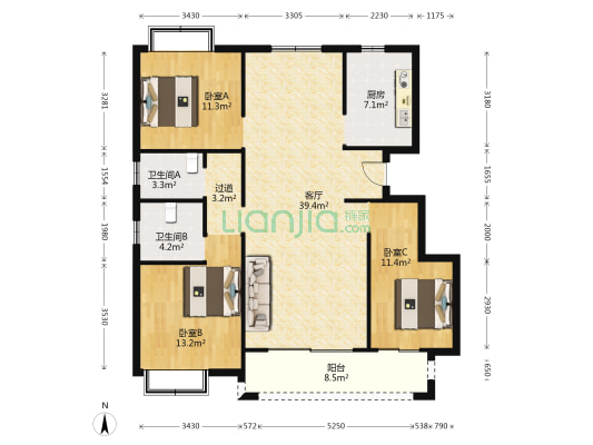 宏城瑞锦园 3室1厅2卫 127平方