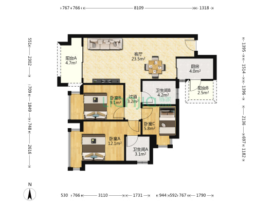 美的招商东樾花园 3室1厅2卫 90平方