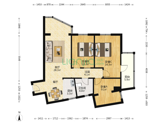 广信汇景大厦 3室1厅1卫 109平方
