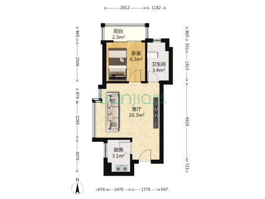 时代玫瑰园 1室1厅1卫 39平方