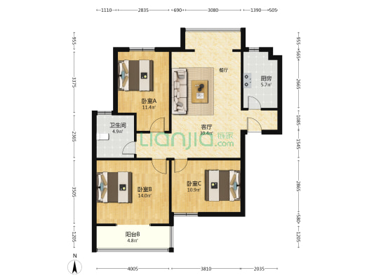 轮窑佳苑 3室1厅1卫 117平方