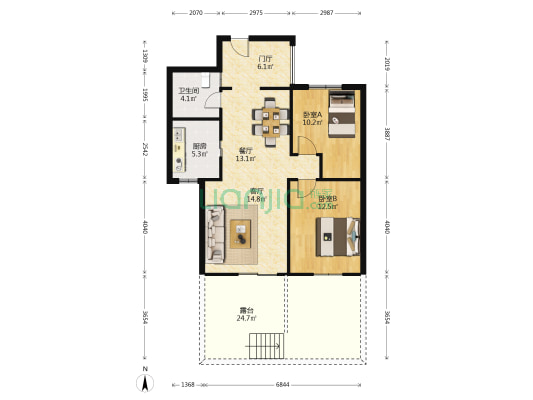海航国兴城A区 2室2厅1卫 90平方