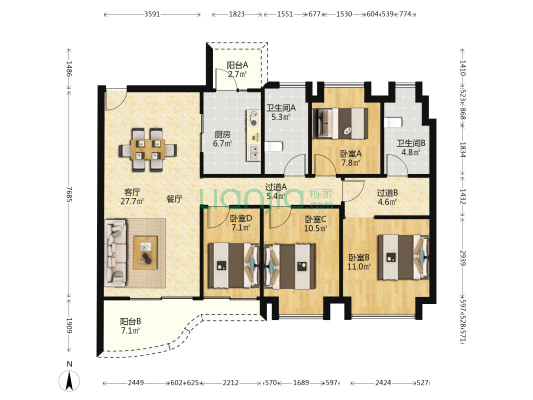 广州滨江上都 4室1厅2卫 130平方