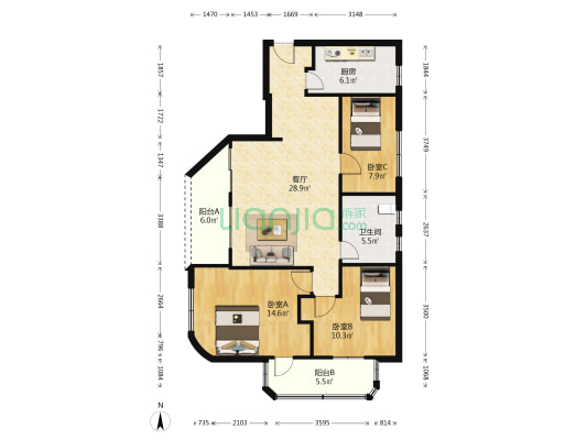 金叶花园 3室1厅1卫 102平方