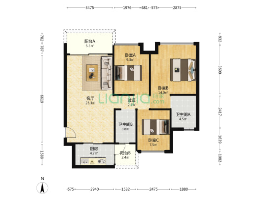 中铭宝翠园 3室1厅2卫 92平方