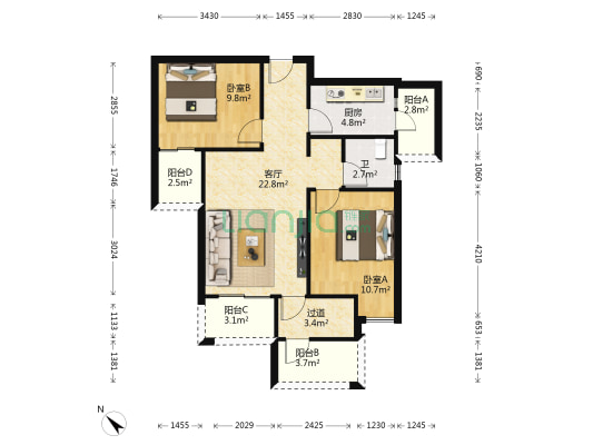 刘家坪，清水三房，小高层，户型方正-户型图