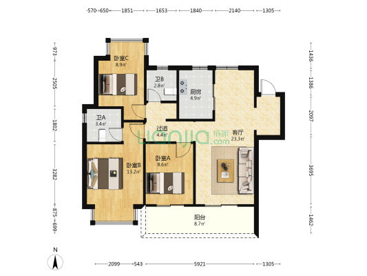 山河万象 3室1厅2卫 107平方