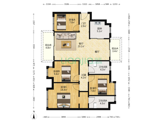 招商雍景湾 4室1厅2卫 117平方