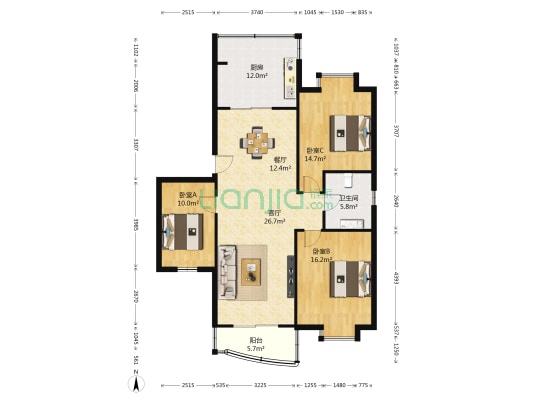 金虹花园 3室2厅1卫 120平方