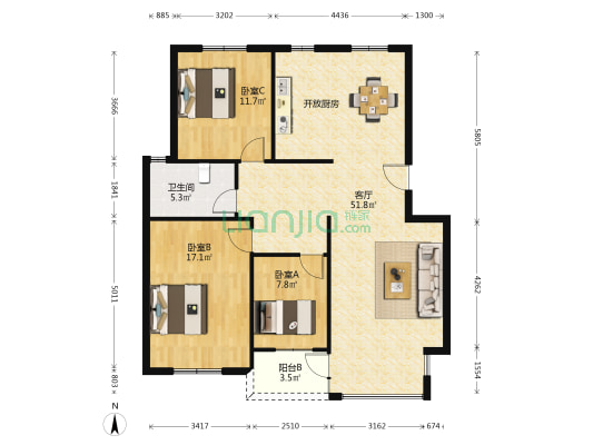 向阳一村 3室1厅1卫 117平方