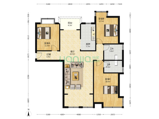 天佑公寓 3室1厅2卫 131平方