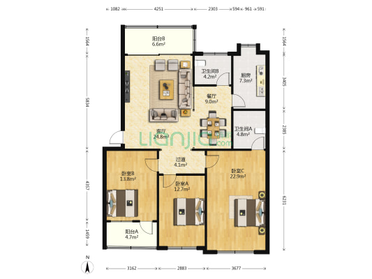 黄金大厦公寓楼 3室2厅2卫 146平方