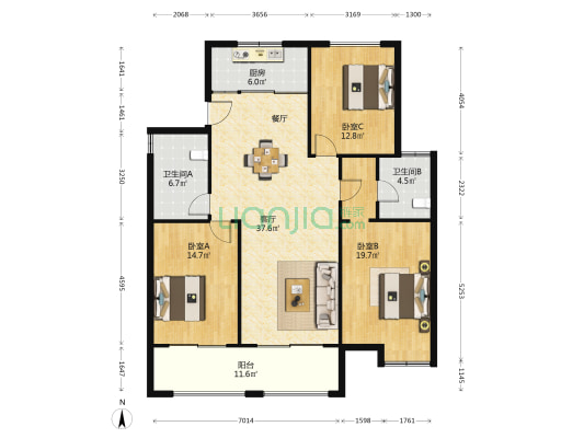 万和湖畔天下 3室1厅2卫 136平方