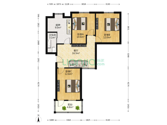 京东小区A区 3室1厅1卫 97平方