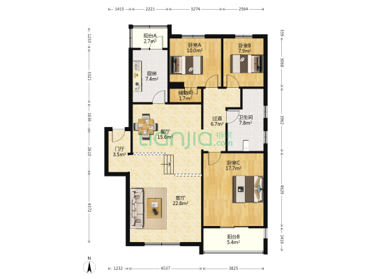 孔雀花园 3室2厅1卫 130平方
