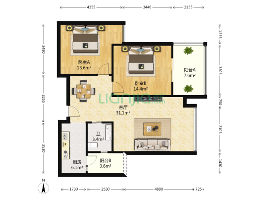 东苑F区 2室1厅1卫 90平方