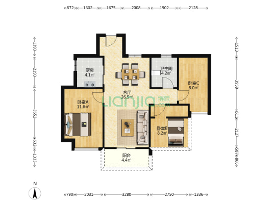 春江天境花园 3室1厅1卫 87平方