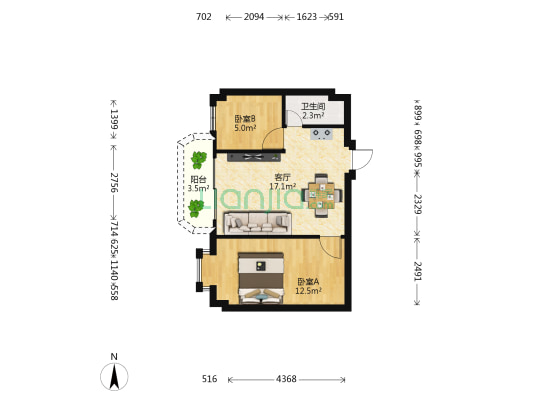 丽都花园 2室1厅1卫 58平方