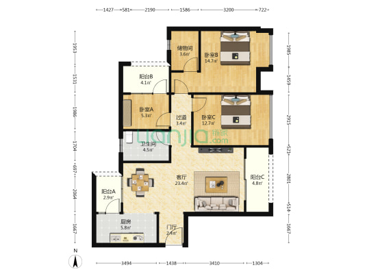 景典郦景蓝湾 3室1厅1卫 112平方