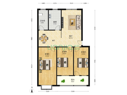 河畔家园 3室1厅1卫 131平方