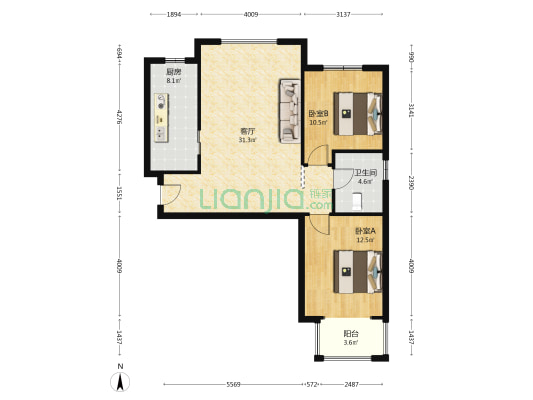 钻石商圈南北通透两居室高楼层采光无遮挡-户型图