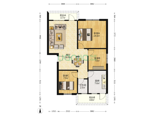 碧波楼 3室1厅1卫 84平方