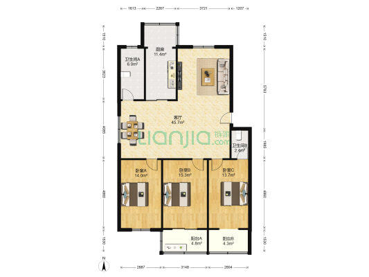 明辉小区 3室1厅2卫 132平方
