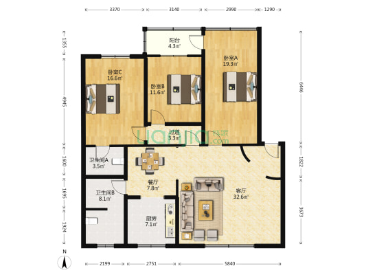 人民公寓 3室2厅2卫 139平方