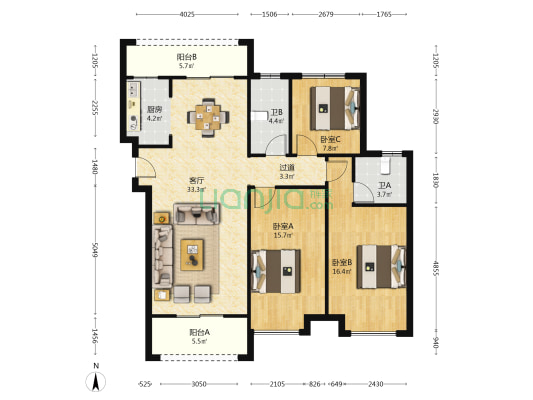 紫金华府 3室1厅2卫 125平方