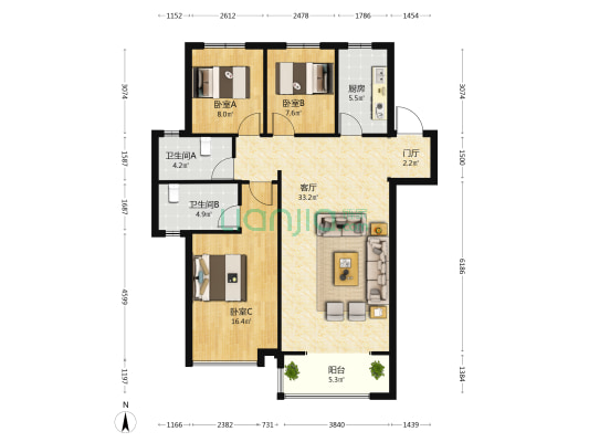 剑桥郡紫薇苑 3室1厅2卫 127平方