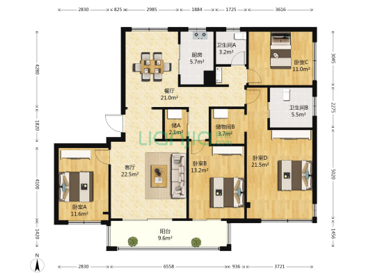 万科中央公园 4室2厅2卫 138平方