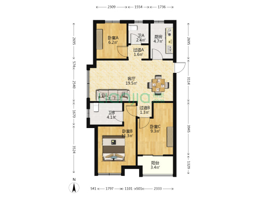 中骏悦景府 3室1厅2卫 89平方